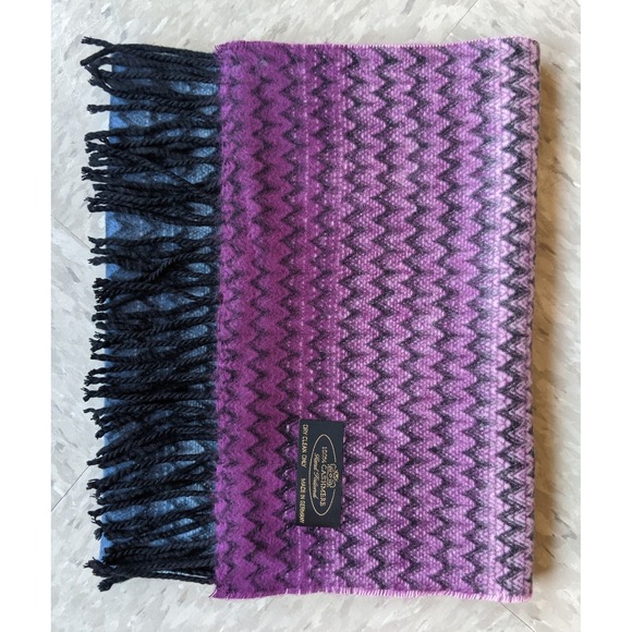 Accessories - 100% Cashmere Scarf Made in Germany Purple Blue Chevron Zigzag Fringe Ombre